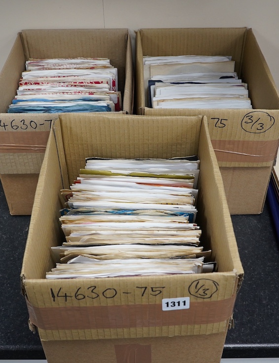 Three boxes of 7” singles on Piccadilly, Rare Earth, Reaction, Red Bird, Pye, Vertigo, etc. labels, artists including; Family, The Jeff Beck Group, Cream, Faithful, Captain Beefheart and His Magic Band, Olivia Newton-Joh